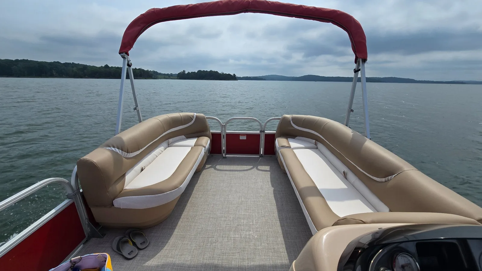 Finished custom pontoon upholstery by Myth & Moss Co.