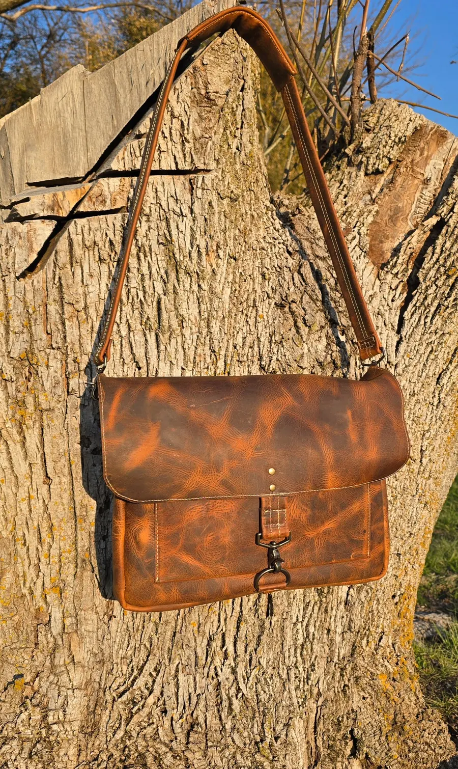 Handmade leather shoulder bag by Myth & Moss Co.